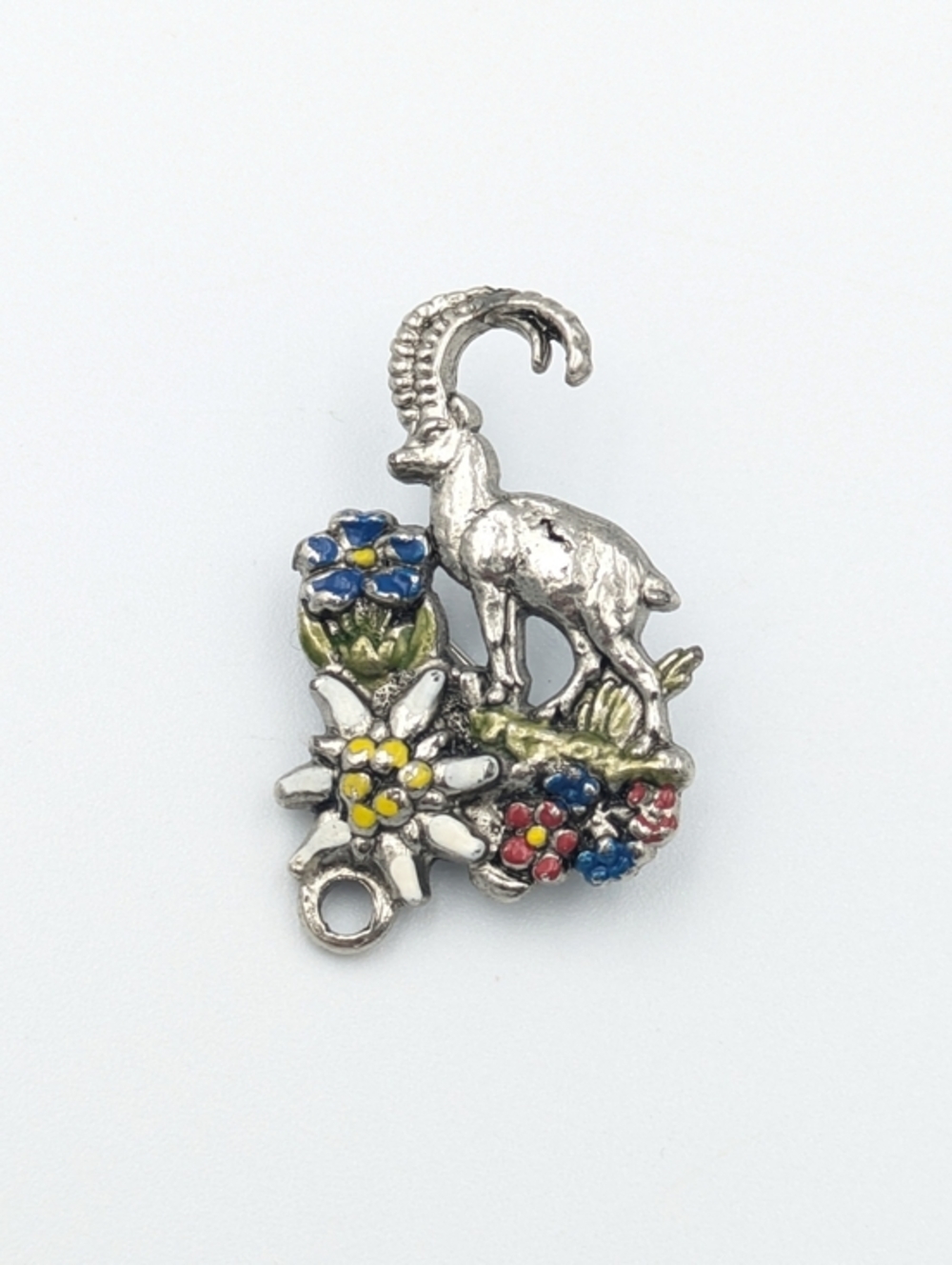 5/25$  Vintage alpine Ibex mountain goat and enamel flowers souvenir pin